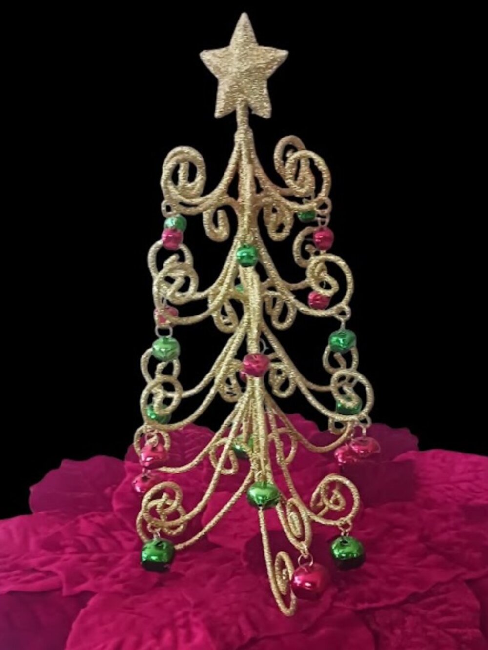 Spiral Tabletop Gold Metal Christmas Tree Red Green Jingle Bells 12"